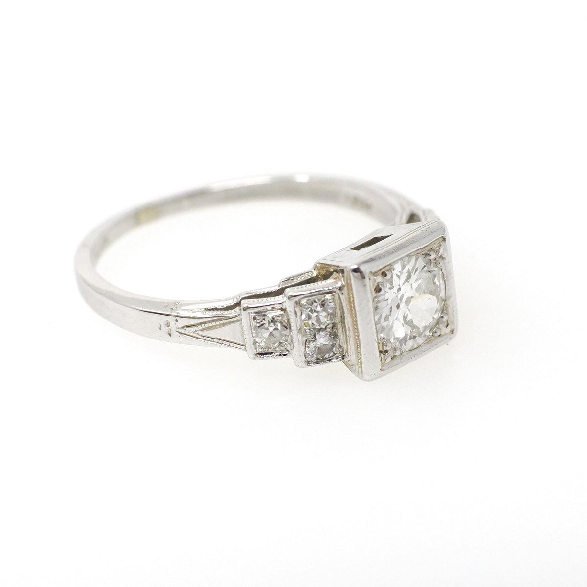 Art Deco Diamond Ring - Vintage 18k White Gold .62 CTW Old European Cut Engagement - Circa 1930s Era Size 6.5 Fine Geometric Bridal Jewelry