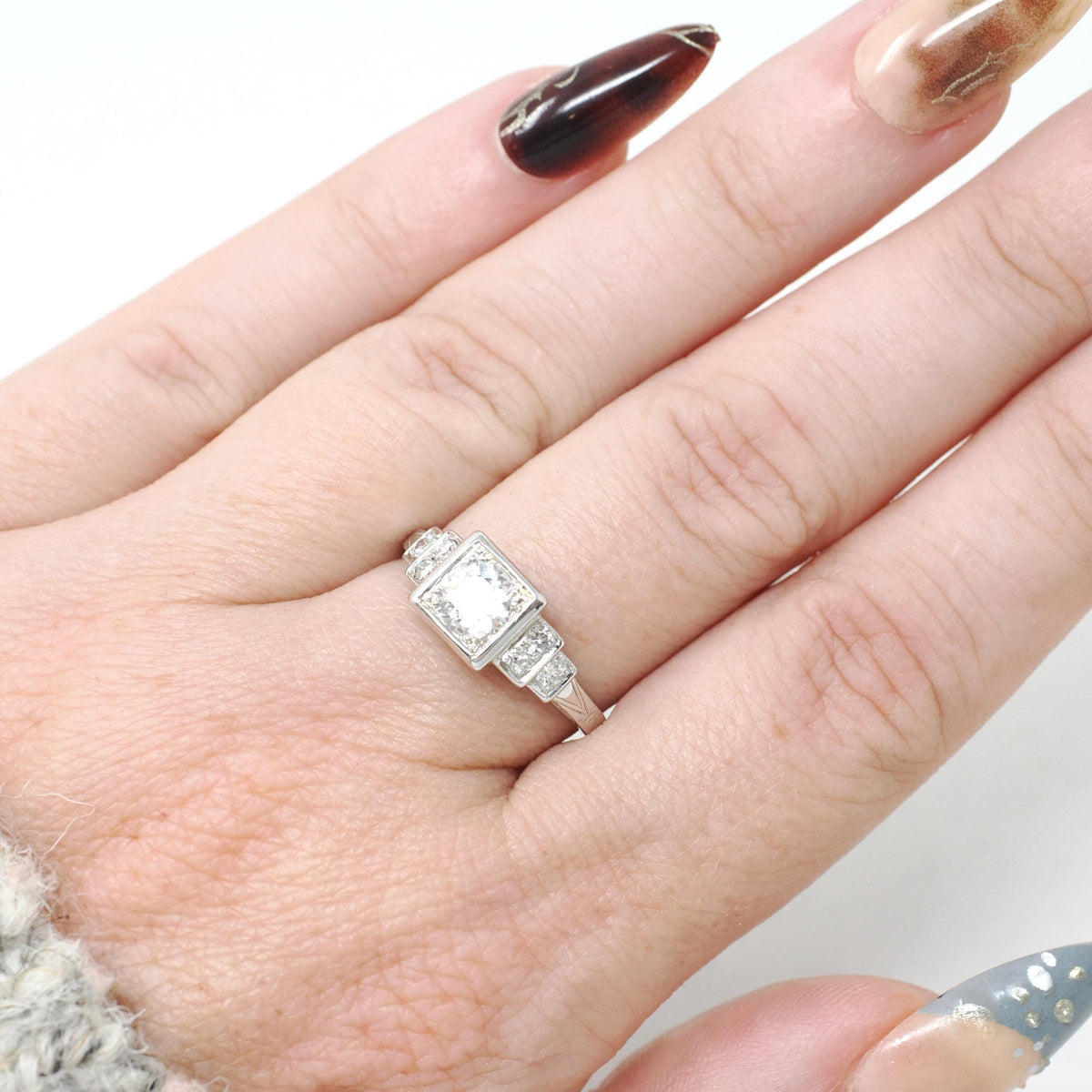 Art Deco Diamond Ring - Vintage 18k White Gold .62 CTW Old European Cut Engagement - Circa 1930s Era Size 6.5 Fine Geometric Bridal Jewelry
