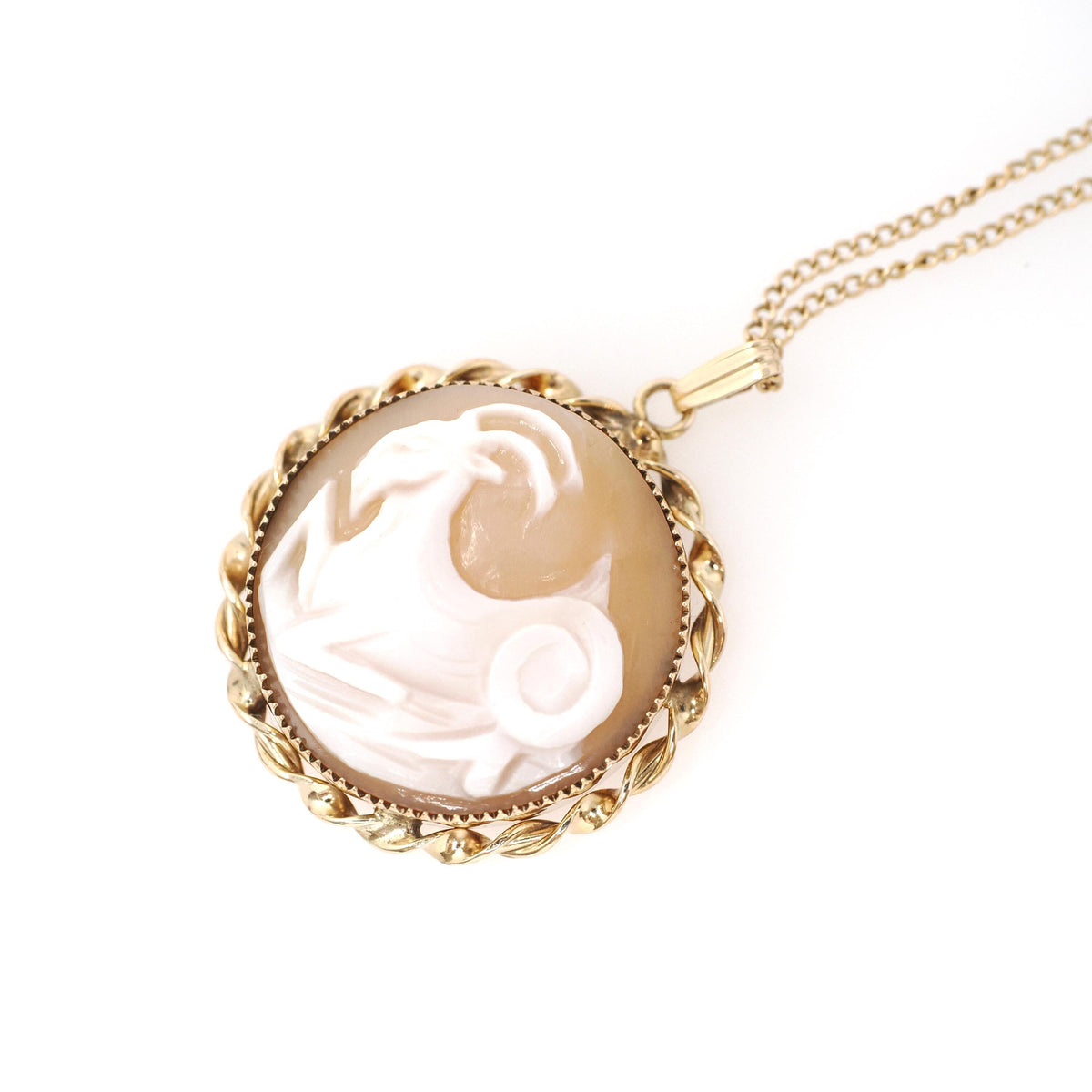 Aries Cameo Pendant - Mid Century Gold Filled Round Carved Shell Symbol Necklace - Circa 1960s Era Fine Zodiac Fashion Accessory Jewelry
