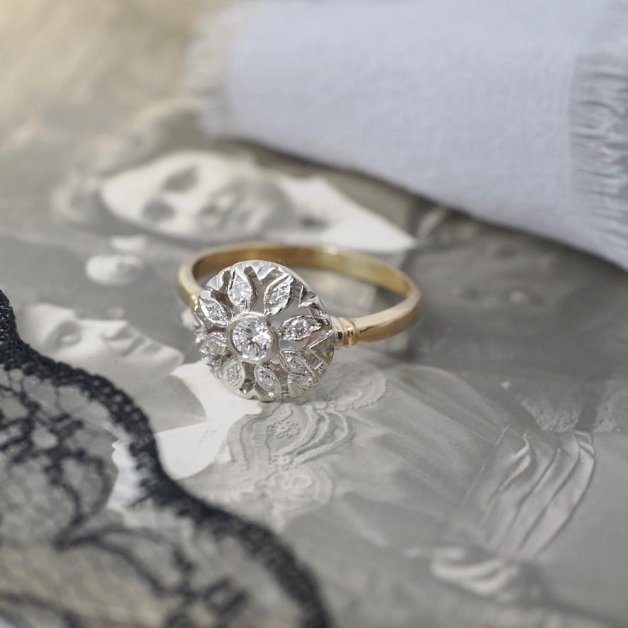 Flower Engagement Ring - Mid Century 14k Yellow White Gold .30 CTW Round Diamond Halo - Circa 1950s Era Size 8 Fine Nature Inspired Jewelry