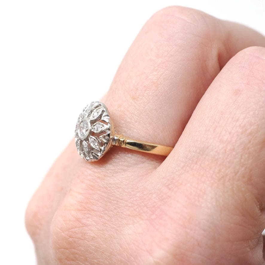 Flower Engagement Ring - Mid Century 14k Yellow White Gold .30 CTW Round Diamond Halo - Circa 1950s Era Size 8 Fine Nature Inspired Jewelry