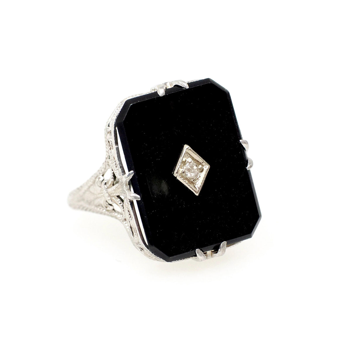 Onyx Filigree Ring - Art Deco Era 14k White Gold Natural .01 CT Diamond Accent - Vintage Circa 1930s Size 5 3/4 Black Chalcedony Jewelry