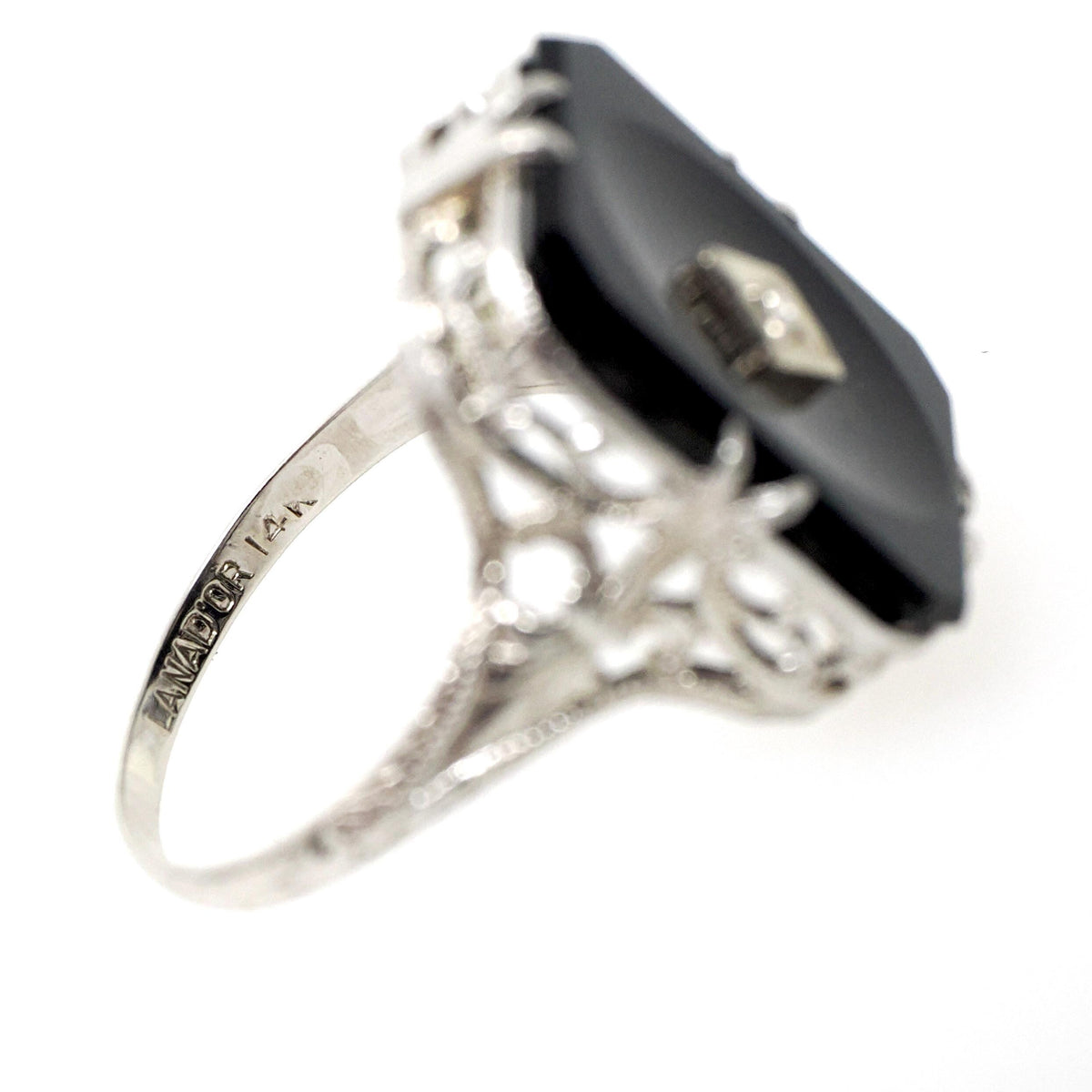 Onyx Filigree Ring - Art Deco Era 14k White Gold Natural .01 CT Diamond Accent - Vintage Circa 1930s Size 5 3/4 Black Chalcedony Jewelry
