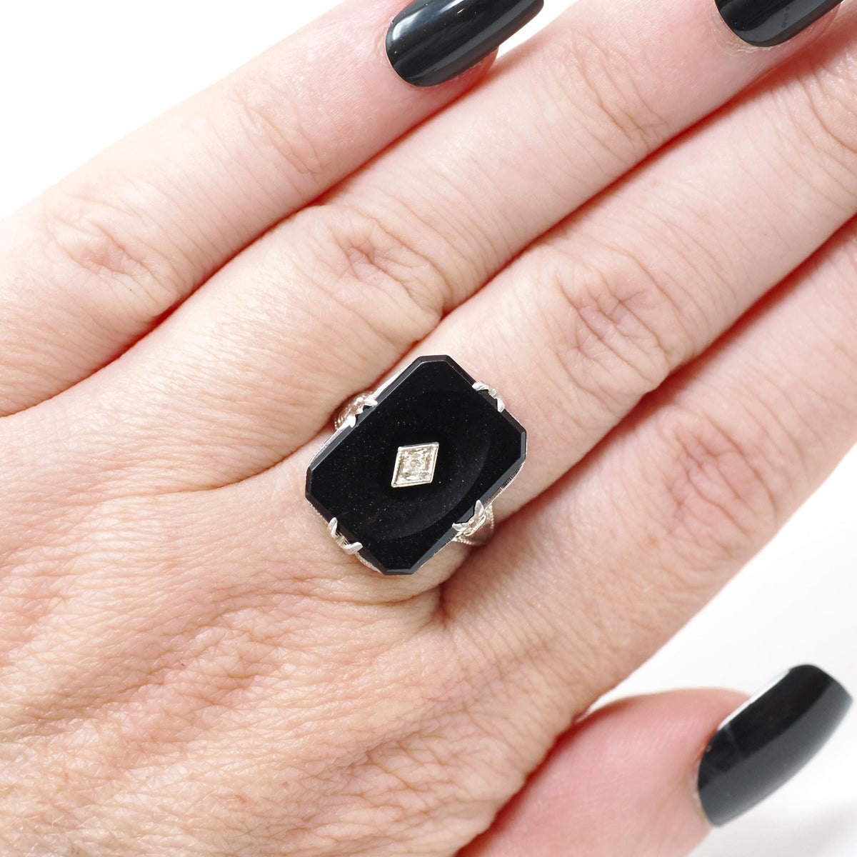 Onyx Filigree Ring - Art Deco Era 14k White Gold Natural .01 CT Diamond Accent - Vintage Circa 1930s Size 5 3/4 Black Chalcedony Jewelry