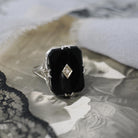 Onyx Filigree Ring - Art Deco Era 14k White Gold Natural .01 CT Diamond Accent - Vintage Circa 1930s Size 5 3/4 Black Chalcedony Jewelry