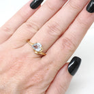 Created Spinel Ring - Modernist 10k Yellow Gold Light Blue Heart Stone - Vintage Circa 1970s Size 7 Asymmetrical Bypass Style Fine Jewelry