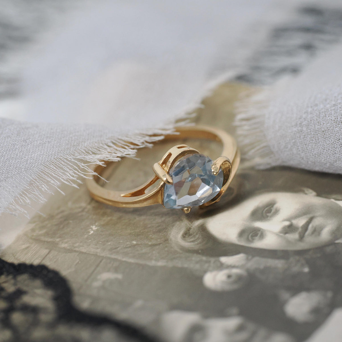 Created Spinel Ring - Modernist 10k Yellow Gold Light Blue Heart Stone - Vintage Circa 1970s Size 7 Asymmetrical Bypass Style Fine Jewelry