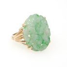 Carved Jadeite Ring - Vintage 14k Yellow Gold Carved Green Floral Jade Gemstone Solitaire - Modernist 1970s Era Size 6 1/2 Fine Jewelry