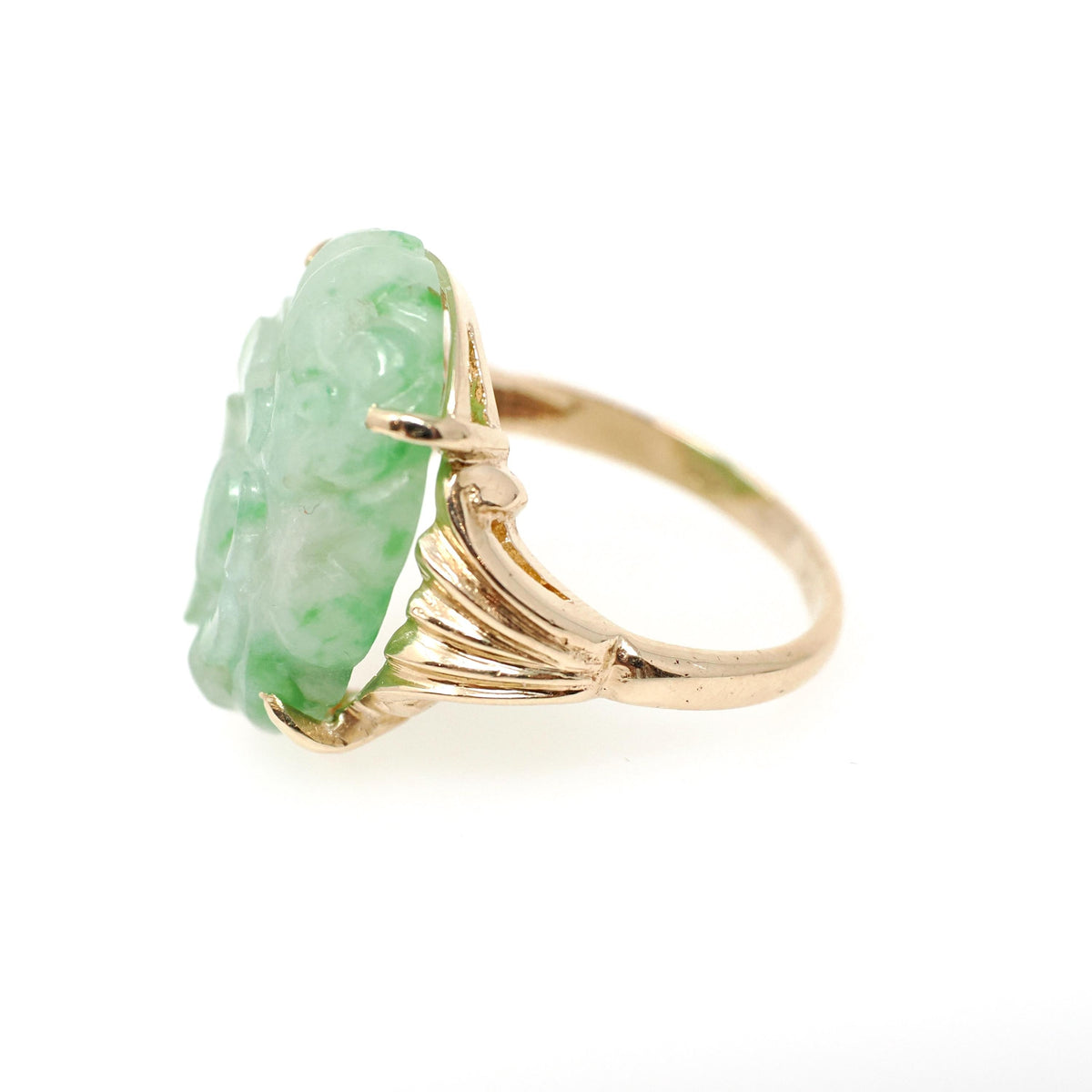 Carved Jadeite Ring - Vintage 14k Yellow Gold Carved Green Floral Jade Gemstone Solitaire - Modernist 1970s Era Size 6 1/2 Fine Jewelry