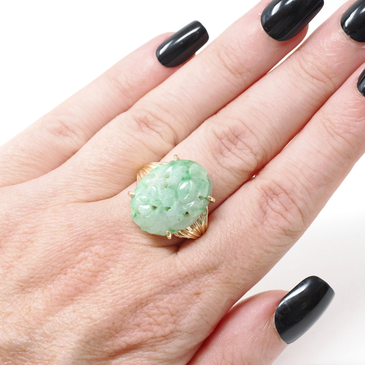Carved Jadeite Ring - Vintage 14k Yellow Gold Carved Green Floral Jade Gemstone Solitaire - Modernist 1970s Era Size 6 1/2 Fine Jewelry