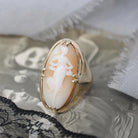 Art Nouveau Cameo Ring - Antique 10k Yellow Gold Carved Shell Portrait - Circa 1900s Size 5 1/2 Full Female Figure Allegory Fine Jewelry