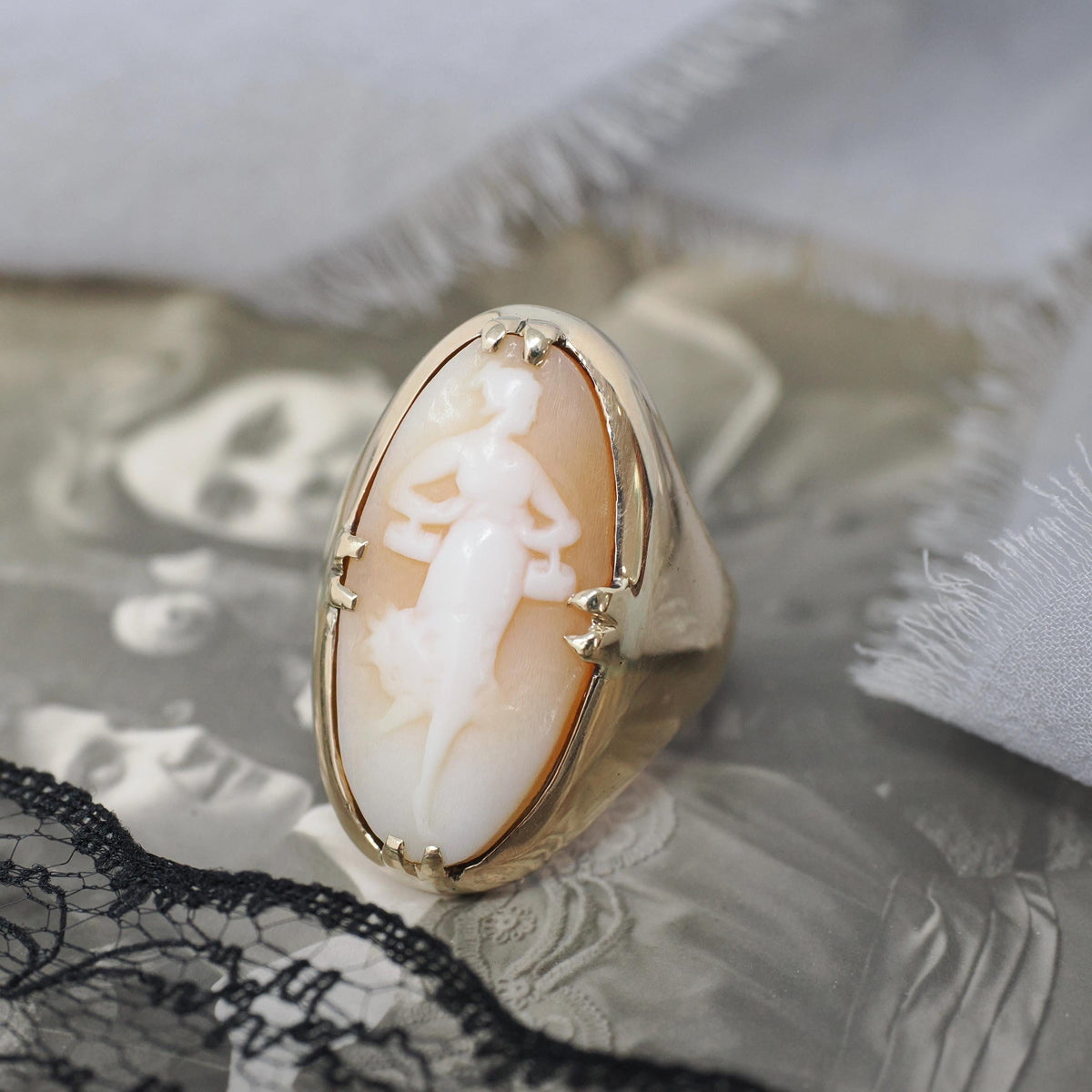 Art Nouveau Cameo Ring - Antique 10k Yellow Gold Carved Shell Portrait - Circa 1900s Size 5 1/2 Full Female Figure Allegory Fine Jewelry