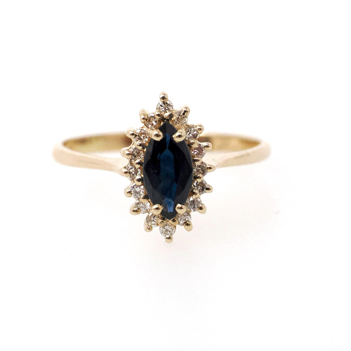 Marquise Halo Ring - Contemporary 14k Yellow Gold Natural Blue Sapphire & Diamond Gemstones - Circa 1990s Size 6 3/4 Engagement Fine Jewelry