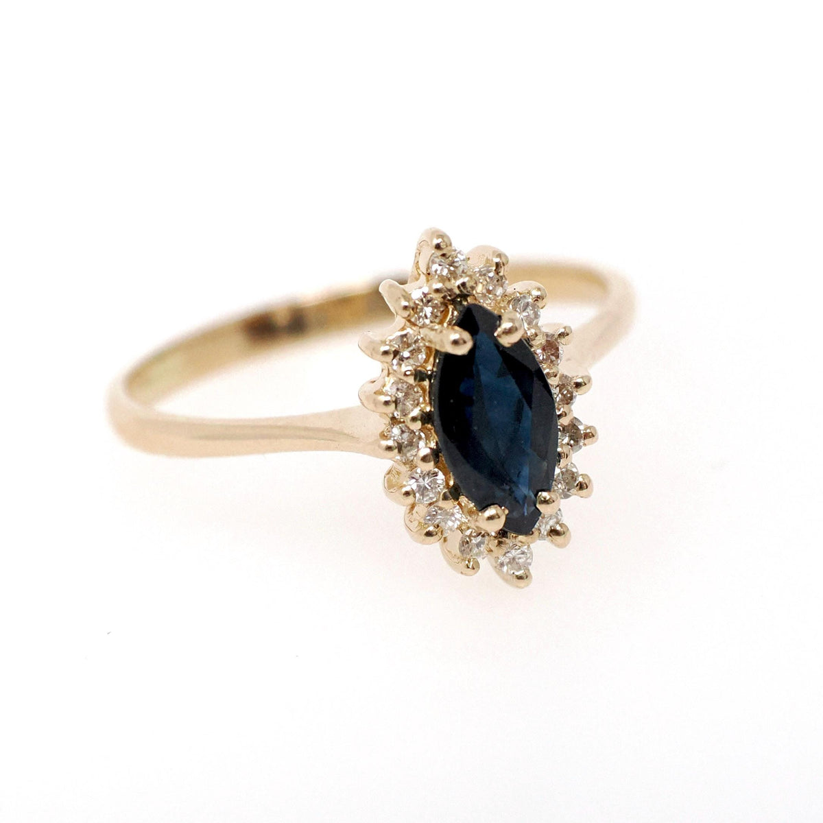 Marquise Halo Ring - Contemporary 14k Yellow Gold Natural Blue Sapphire & Diamond Gemstones - Circa 1990s Size 6 3/4 Engagement Fine Jewelry