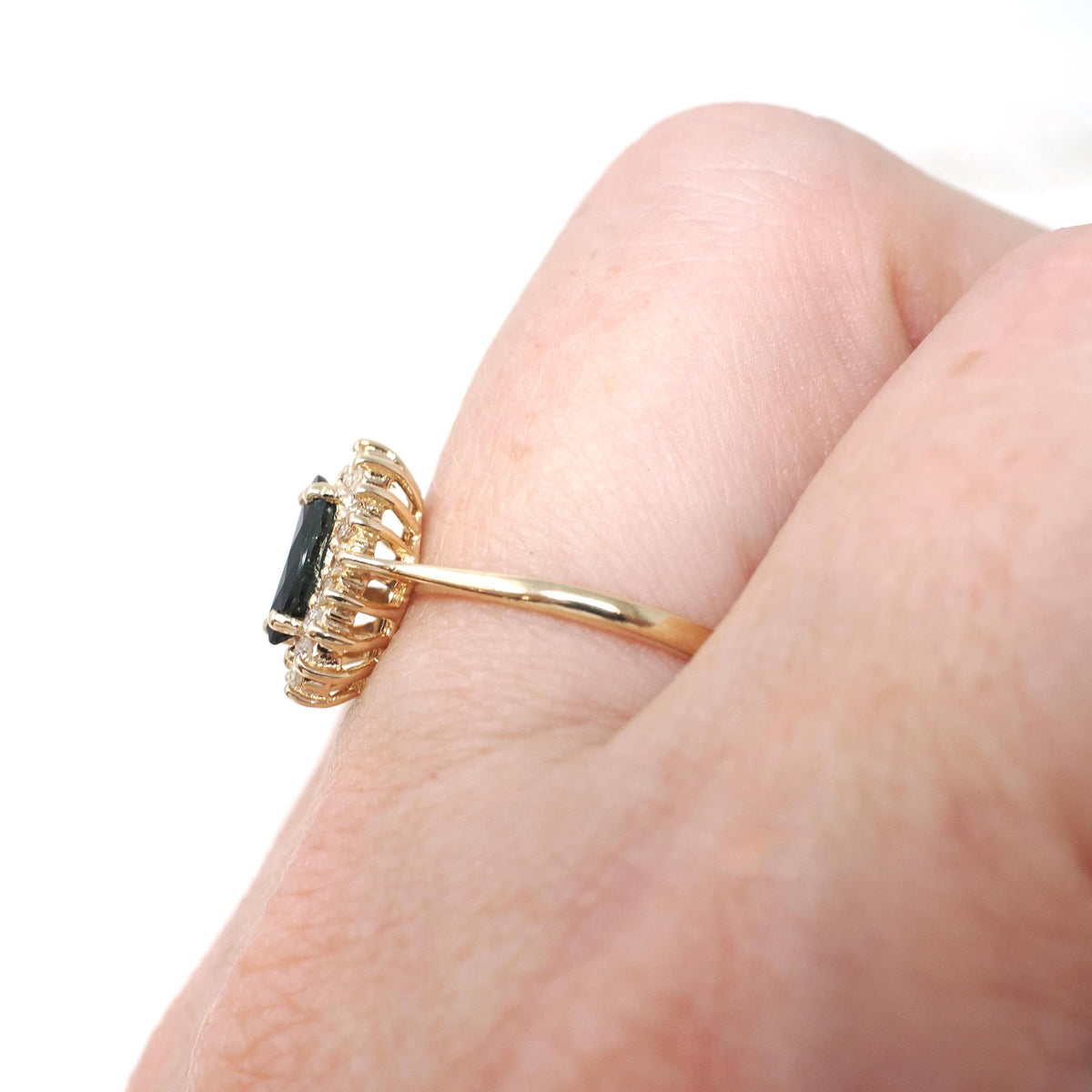 Marquise Halo Ring - Contemporary 14k Yellow Gold Natural Blue Sapphire & Diamond Gemstones - Circa 1990s Size 6 3/4 Engagement Fine Jewelry