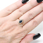 Marquise Halo Ring - Contemporary 14k Yellow Gold Natural Blue Sapphire & Diamond Gemstones - Circa 1990s Size 6 3/4 Engagement Fine Jewelry