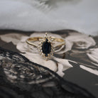 Marquise Halo Ring - Contemporary 14k Yellow Gold Natural Blue Sapphire & Diamond Gemstones - Circa 1990s Size 6 3/4 Engagement Fine Jewelry
