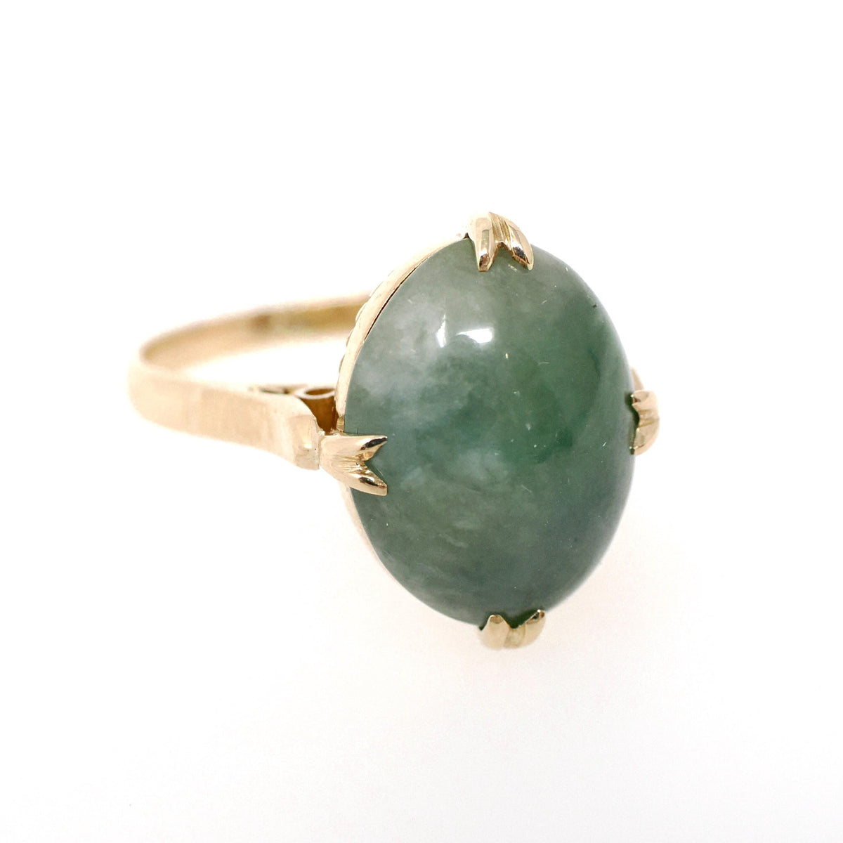 Vintage Jadeite Ring - Modernist 14k Yellow Gold Cabochon Natural Jade Solitaire - Circa 1970s Size 6 Fine Good Luck Nature Inspired Jewelry
