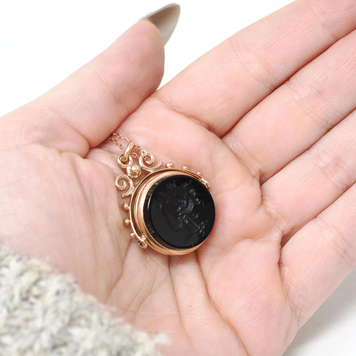 Antique Spinner Locket - Victorian 10k Rose Gold Black White Onyx Sard Carved Intaglio Fob Necklace - Circa 1890s Statement Fine Jewelry