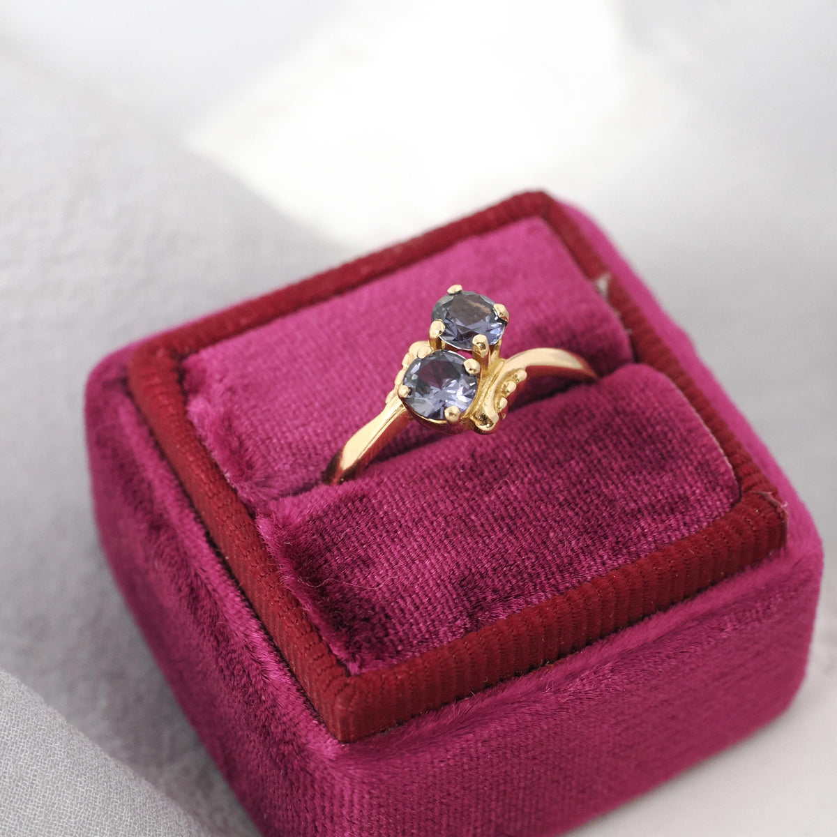 Vintage Bypass Ring - Mid Century 10k Yellow Gold Purple Created Spinel Triplet Gemstone - Circa 1950s Era Size 6.25 Toi Et Moi Fine Jewelry