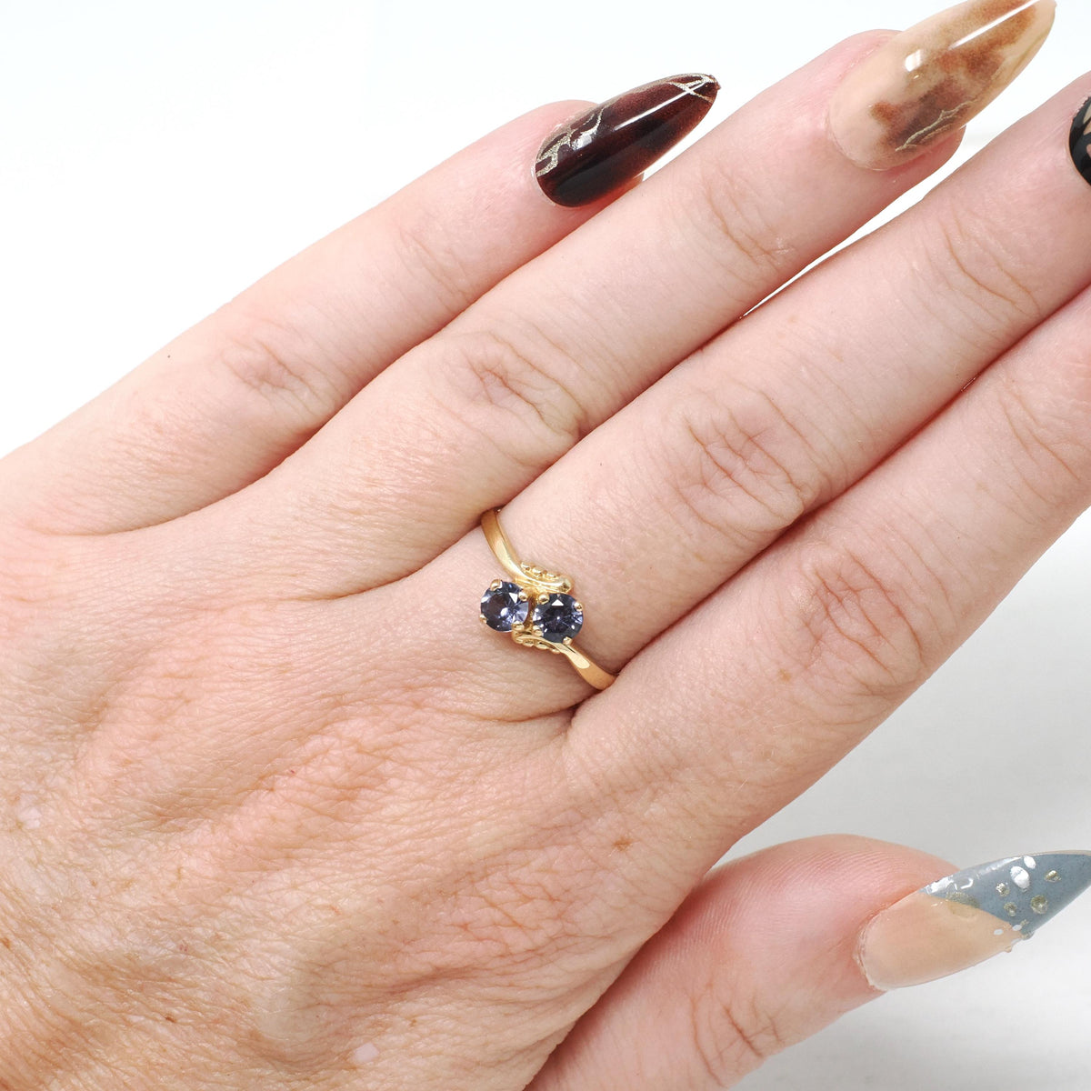 Vintage Bypass Ring - Mid Century 10k Yellow Gold Purple Created Spinel Triplet Gemstone - Circa 1950s Era Size 6.25 Toi Et Moi Fine Jewelry