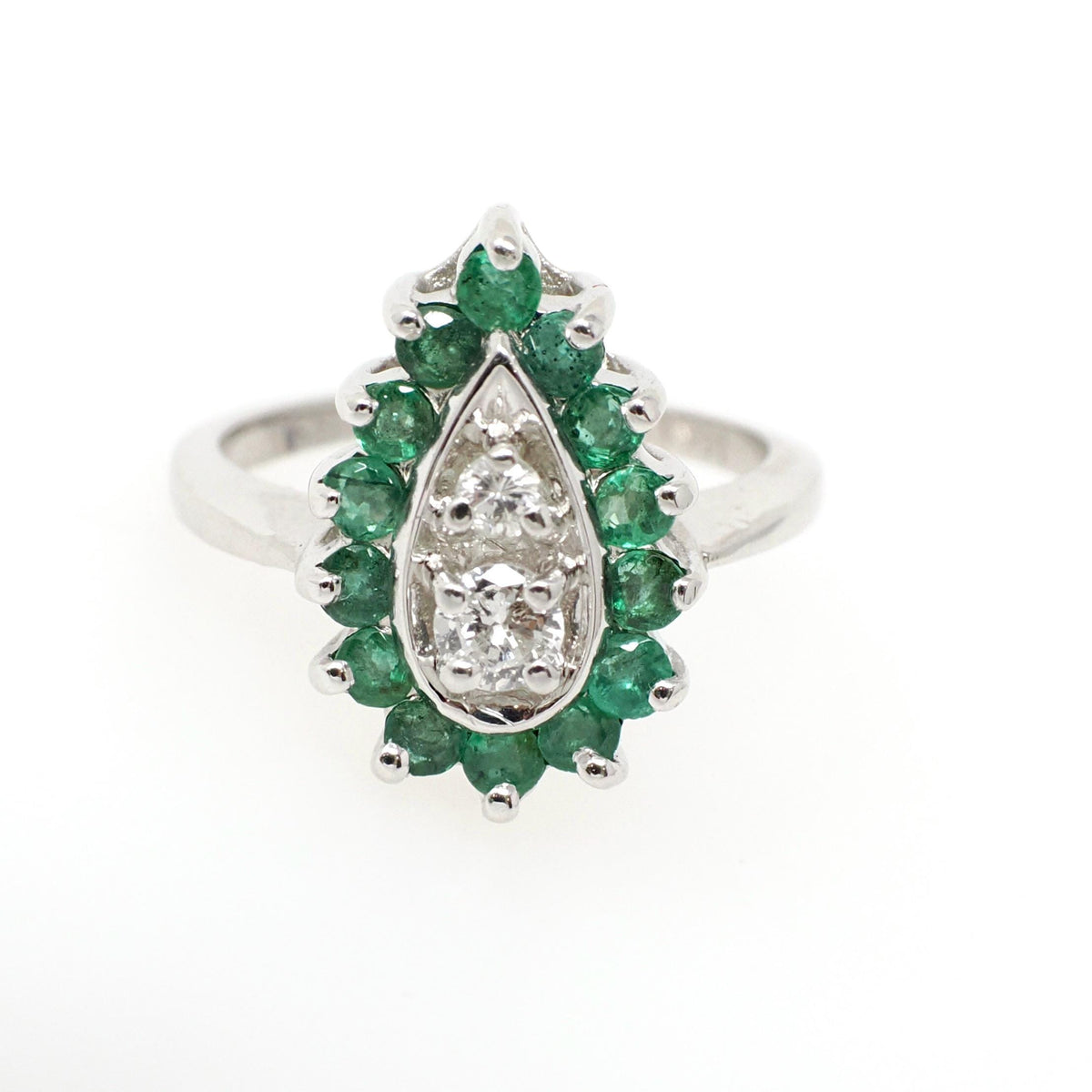 Vintage Halo Ring - Mid Century 14k White Gold Natural Emerald & Diamond Pear Halo - Circa 1940s Era Size 2 3/4 May Birthstone Fine Jewelry