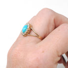 Victorian Turquoise Ring - Antique 14k Rosy Yellow Gold Natural Diamond Halo - Size 6 1/2 Circa 1890s Era Fine December Birthstone Jewelry