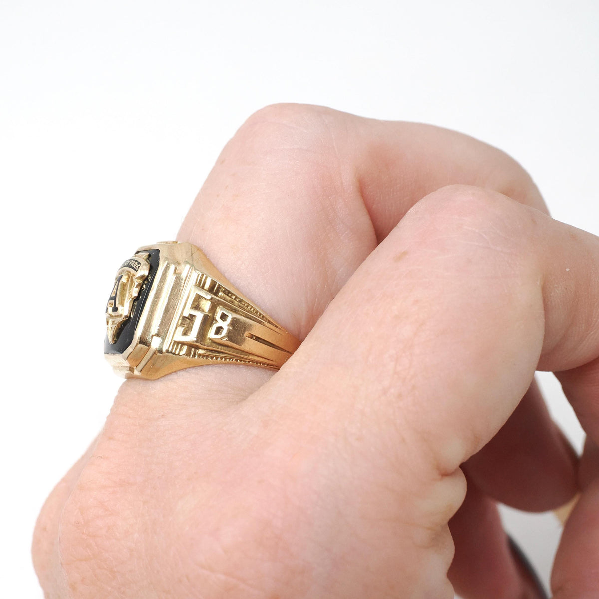 Asbury Park High School Ring - Mid Century Era 10k Yellow Gold Black Chalcedony Onyx Signet - Circa 1958 Size 6.75 EDL Initials Fine Jewelry