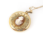 Vintage Cameo Locket - Retro Gold Filled Carved Shell Portrait Pendant Necklace - Circa 1940s Era Round Floral Photograph Keepsake Jewelry