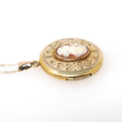 Vintage Cameo Locket - Retro Gold Filled Carved Shell Portrait Pendant Necklace - Circa 1940s Era Round Floral Photograph Keepsake Jewelry
