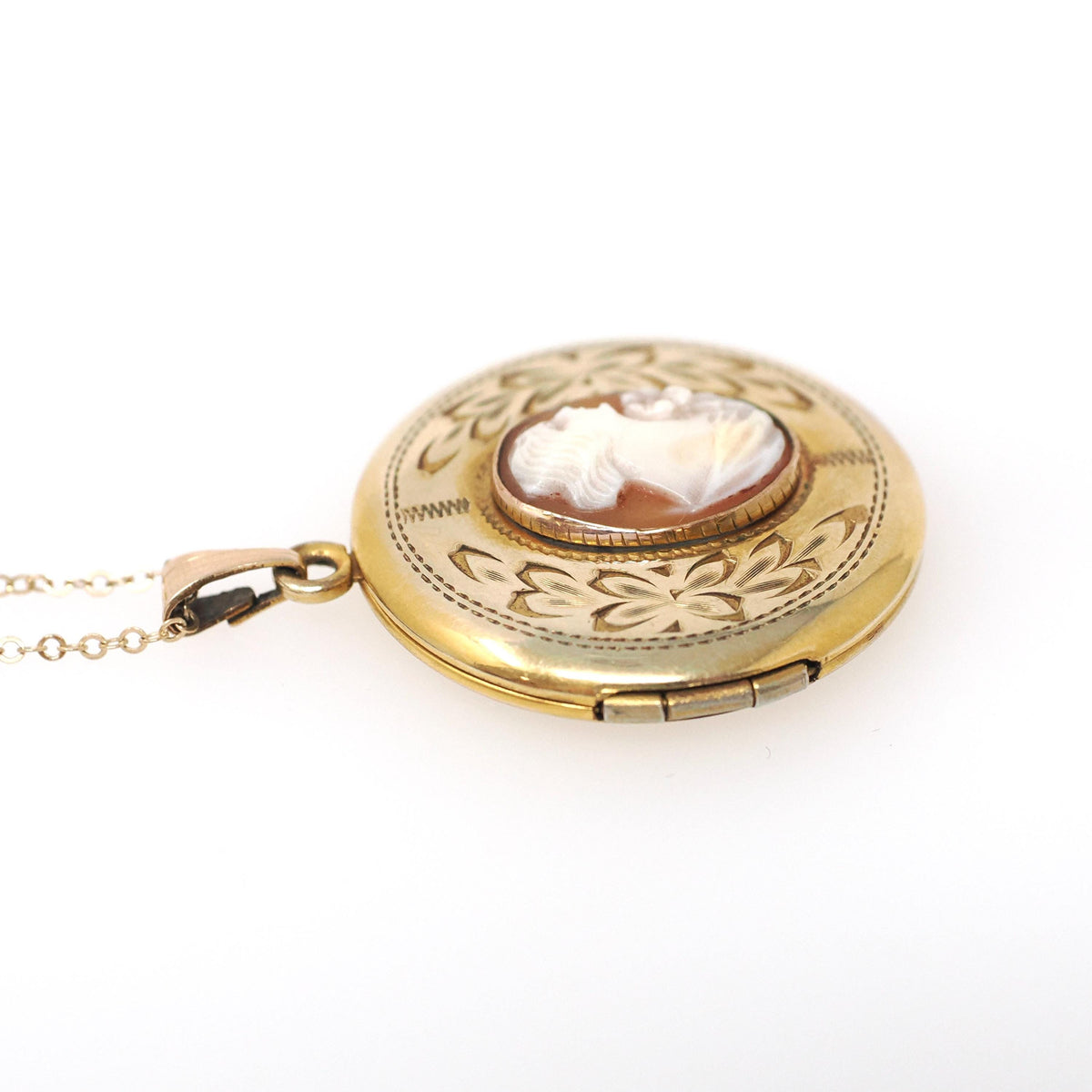 Vintage Cameo Locket - Retro Gold Filled Carved Shell Portrait Pendant Necklace - Circa 1940s Era Round Floral Photograph Keepsake Jewelry