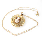 Vintage Cameo Locket - Retro Gold Filled Carved Shell Portrait Pendant Necklace - Circa 1940s Era Round Floral Photograph Keepsake Jewelry