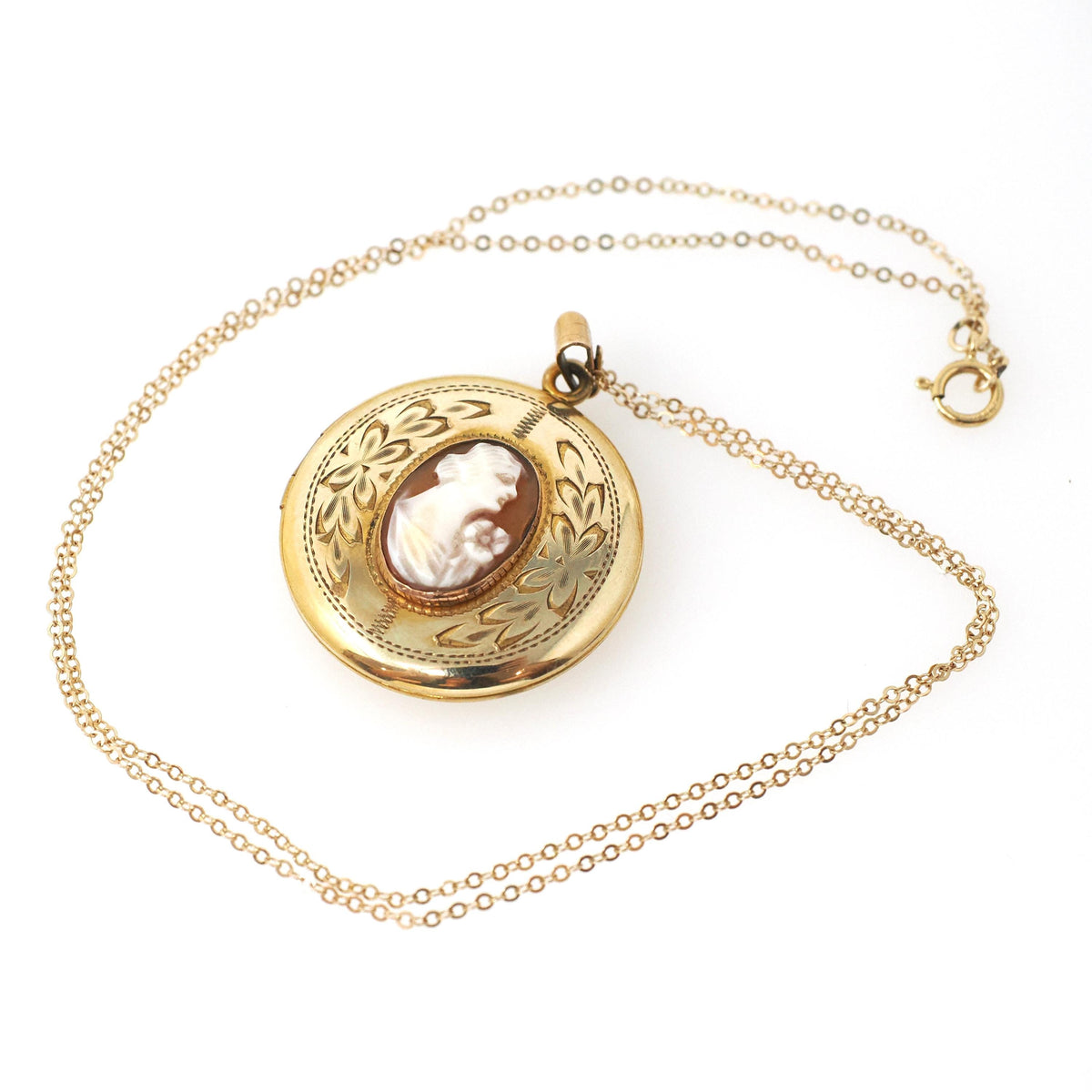 Vintage Cameo Locket - Retro Gold Filled Carved Shell Portrait Pendant Necklace - Circa 1940s Era Round Floral Photograph Keepsake Jewelry