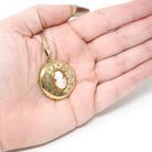 Vintage Cameo Locket - Retro Gold Filled Carved Shell Portrait Pendant Necklace - Circa 1940s Era Round Floral Photograph Keepsake Jewelry