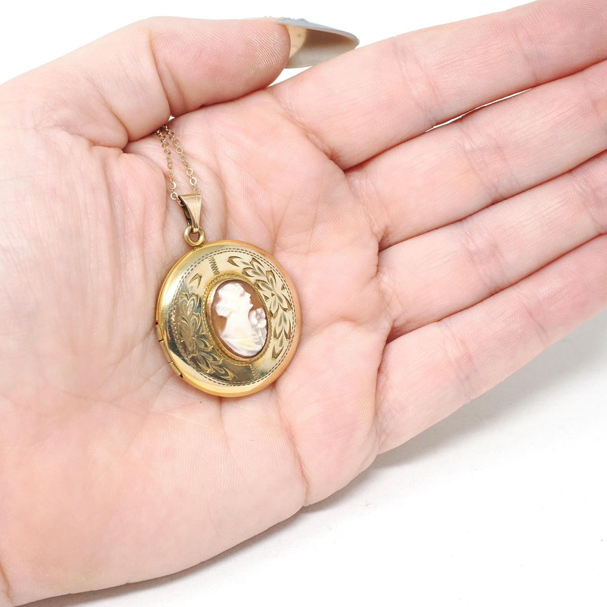 Vintage Cameo Locket - Retro Gold Filled Carved Shell Portrait Pendant Necklace - Circa 1940s Era Round Floral Photograph Keepsake Jewelry