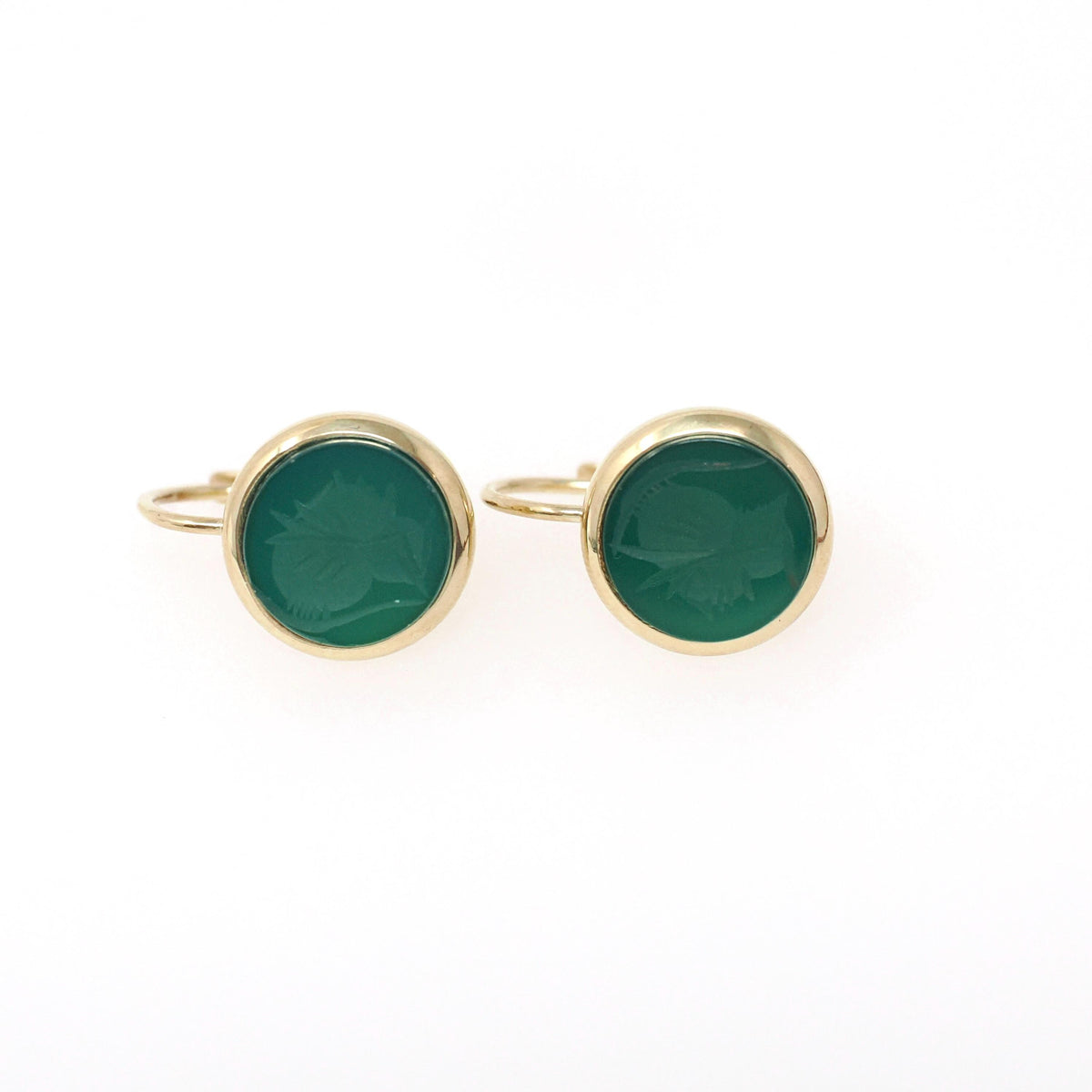 Vintage Intaglio Earrings - Modernist 14k Yellow Gold Carved Dyed Green Chalcedony Gemstone Leverbacks - Circa 1970s Fine Centurion Jewelry
