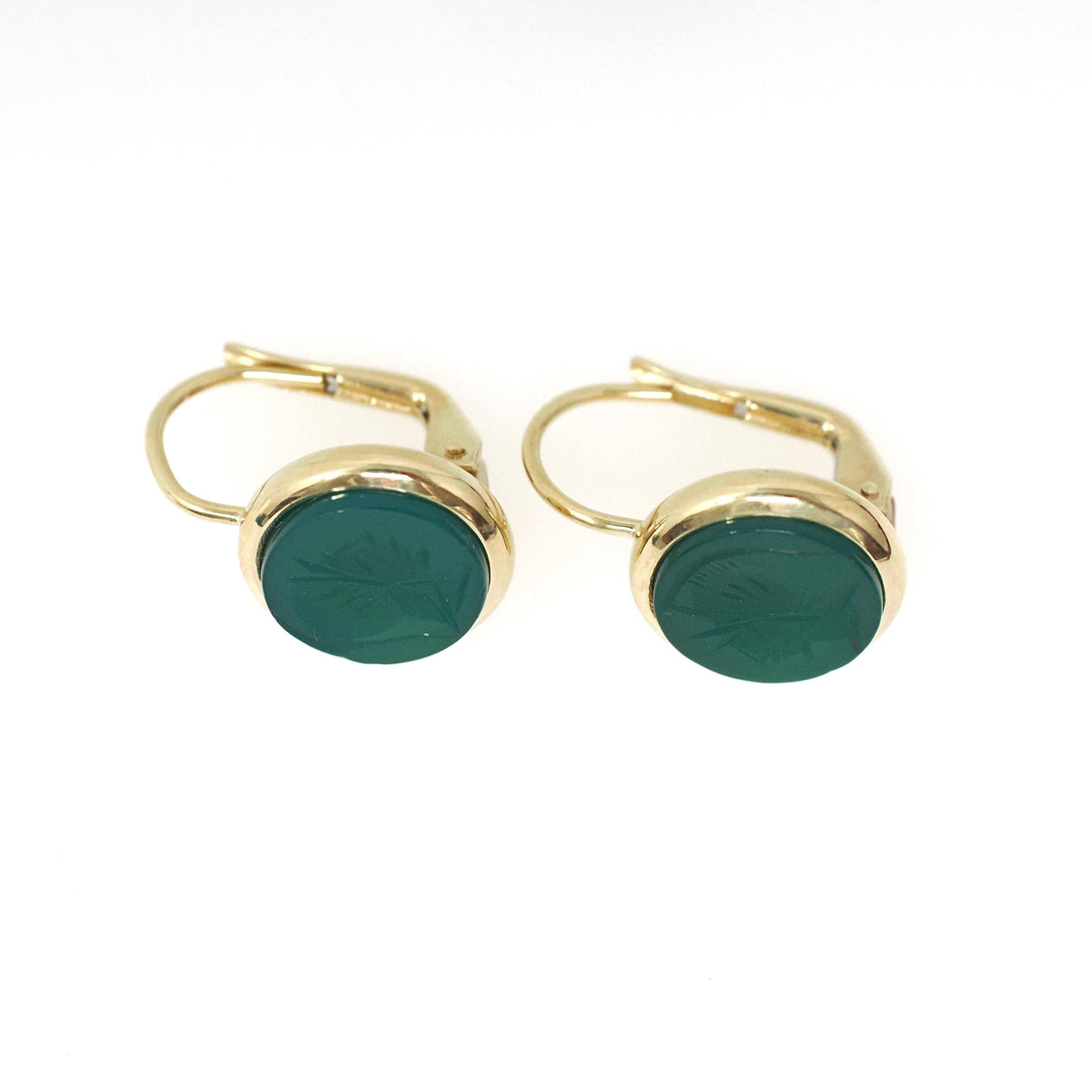 Vintage Intaglio Earrings - Modernist 14k Yellow Gold Carved Dyed Green Chalcedony Gemstone Leverbacks - Circa 1970s Fine Centurion Jewelry