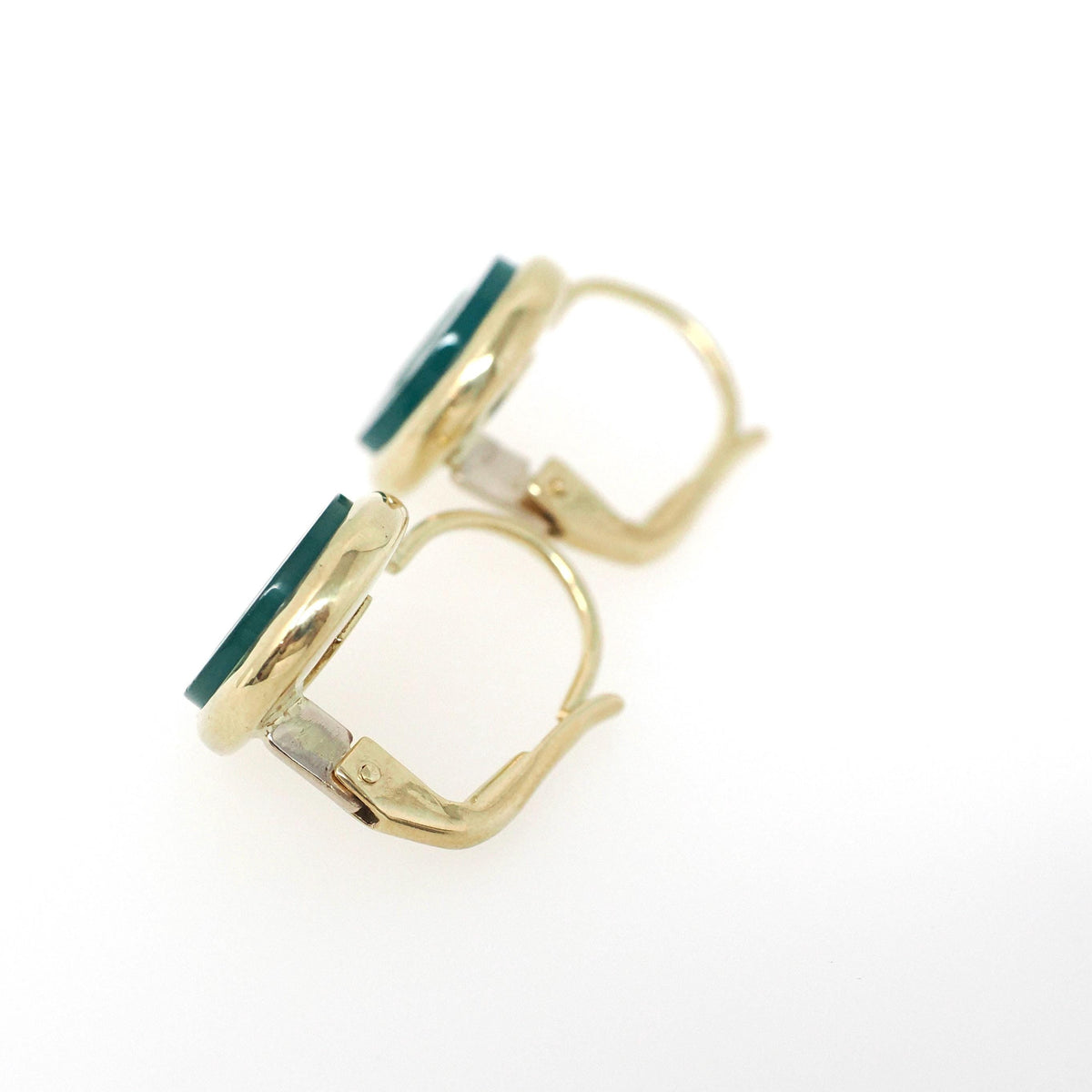 Vintage Intaglio Earrings - Modernist 14k Yellow Gold Carved Dyed Green Chalcedony Gemstone Leverbacks - Circa 1970s Fine Centurion Jewelry