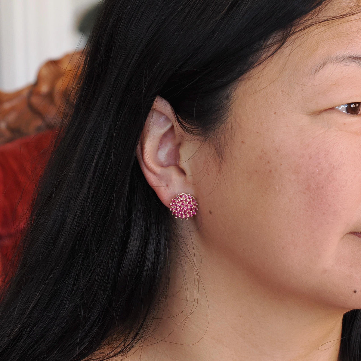 Created Ruby Earrings - Contemporary 14k Yellow Gold Clustered Pinkish Red Gemstones - Circa 2000s Pierced Stud July Birthstone Fine Jewelry