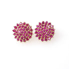 Created Ruby Earrings - Contemporary 14k Yellow Gold Clustered Pinkish Red Gemstones - Circa 2000s Pierced Stud July Birthstone Fine Jewelry