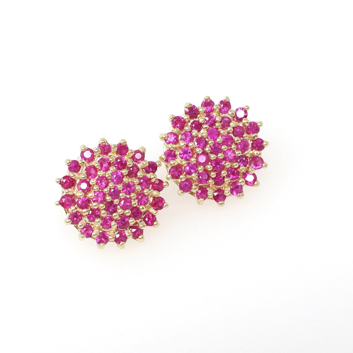 Created Ruby Earrings - Contemporary 14k Yellow Gold Clustered Pinkish Red Gemstones - Circa 2000s Pierced Stud July Birthstone Fine Jewelry