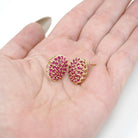 Created Ruby Earrings - Contemporary 14k Yellow Gold Clustered Pinkish Red Gemstones - Circa 2000s Pierced Stud July Birthstone Fine Jewelry