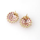 Created Ruby Earrings - Contemporary 14k Yellow Gold Clustered Pinkish Red Gemstones - Circa 2000s Pierced Stud July Birthstone Fine Jewelry