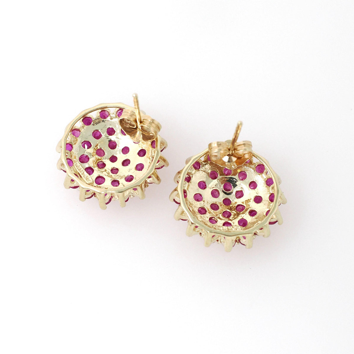 Created Ruby Earrings - Contemporary 14k Yellow Gold Clustered Pinkish Red Gemstones - Circa 2000s Pierced Stud July Birthstone Fine Jewelry