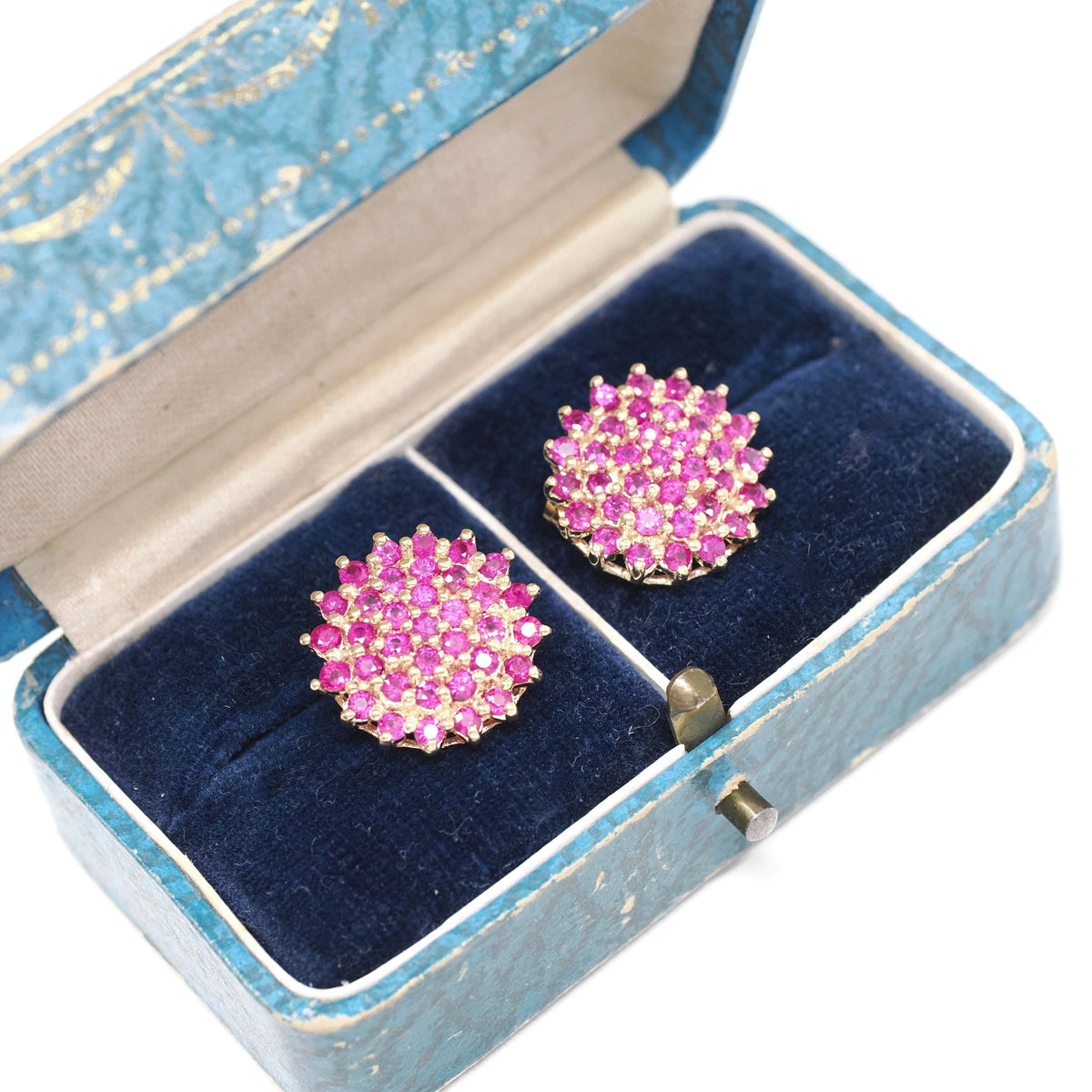 Created Ruby Earrings - Contemporary 14k Yellow Gold Clustered Pinkish Red Gemstones - Circa 2000s Pierced Stud July Birthstone Fine Jewelry