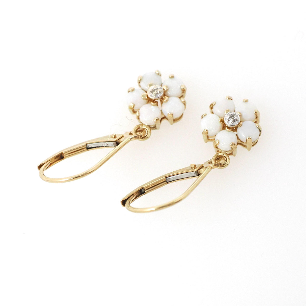 Opal & Diamond Earrings - Estate 14k Yellow Gold Natural Gemstone Flower Lever Back Drops - Contemporary 2000s Era Pierced Ears Fine Jewelry