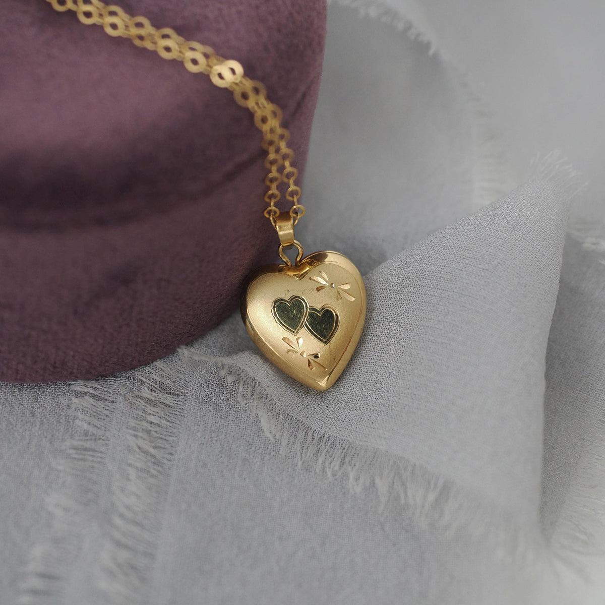 Vintage Heart Locket - Mid Century 14k Yellow Gold Double Heart Pendant Necklace - Circa 1960s Sweetheart Keepsake Photograph Fine Jewelry