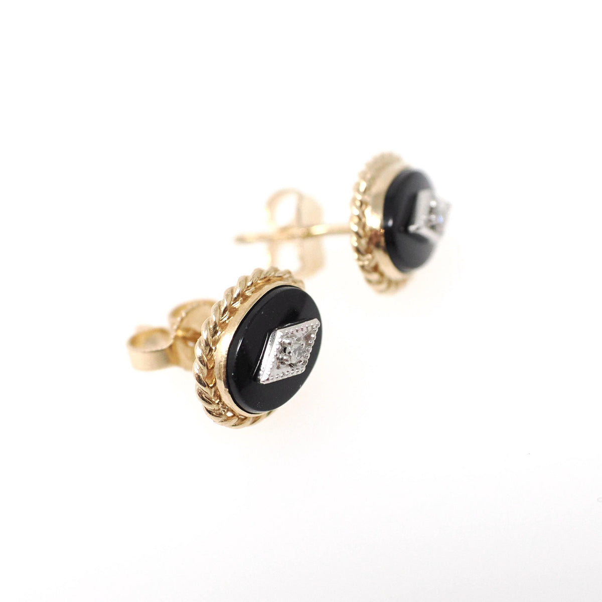 Vintage Diamond Earrings - Modernist 14k Yellow Gold Oval Black Glass Studs - Circa 1960s Era Pierced Push Back Two Tone Fine 60s Jewelry