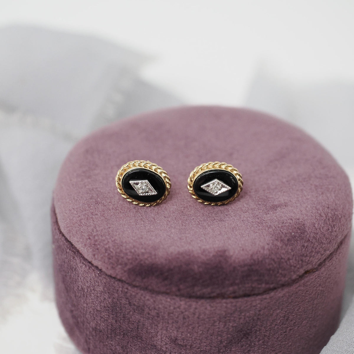 Vintage Diamond Earrings - Modernist 14k Yellow Gold Oval Black Glass Studs - Circa 1960s Era Pierced Push Back Two Tone Fine 60s Jewelry