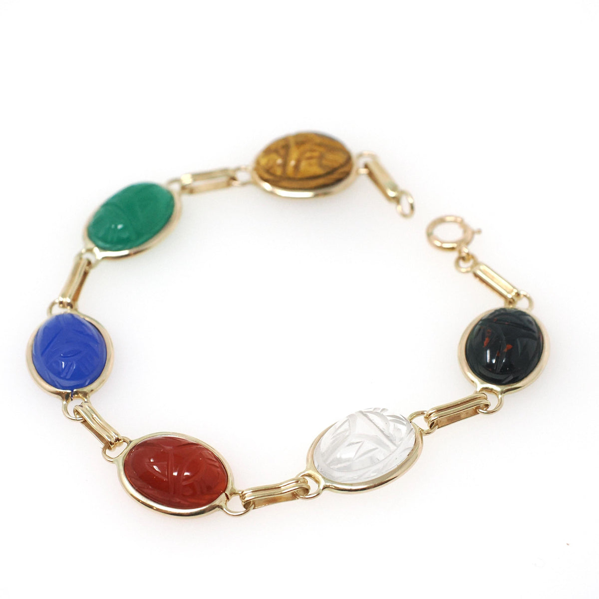 Vintage Scarab Bracelet - Modernist 14k Yellow Gold Oval Carved Natural Gemstones - Circa 1960s Era Egyptian Revival Style Fine 60s Jewelry